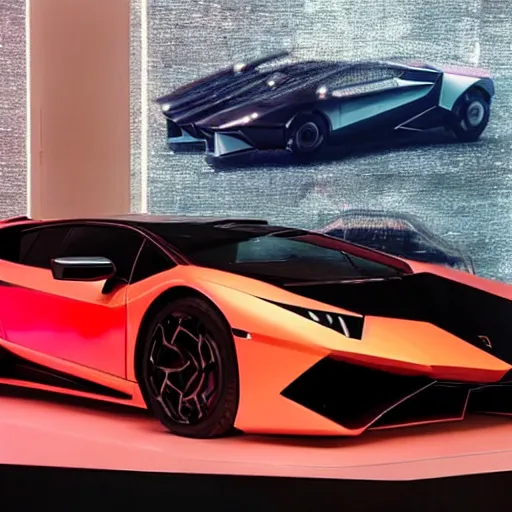 Image similar to A futuristic Lamborghini from Blade Runner 2049 on display at an auction.