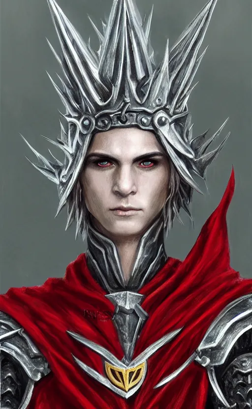 Prompt: A portrait of a male elf, 20 years old, short silver hair, red eyes, wearing a spiked black metal crown, wearing black heavy armor with gold trim, wearing a red cape, lean but muscular, attractive, command presence, royalty, weathered face, smooth, sharp focus, illustration, concept art, highly detailed portrait, muscle definition, fantasy painting, ArtStation, ArtStation HQ