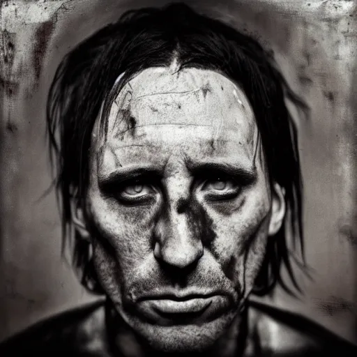 Image similar to portrait of trent reznor with long hair as a zombie by lee jeffries and michael hussar, award winning, sony a 7 r