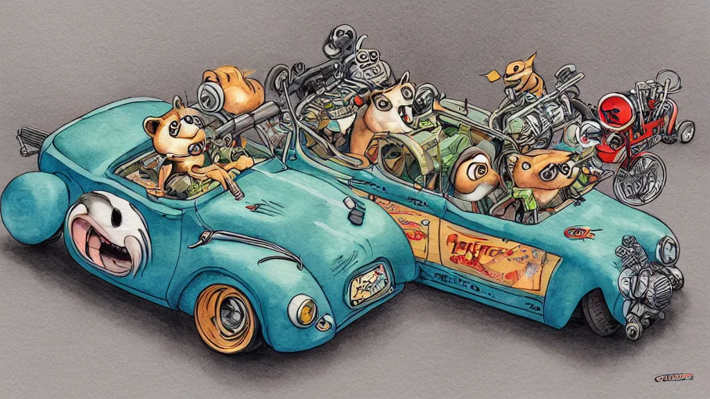 Image similar to cute and funny, racoon riding in a tiny hot rod coupe with oversized engine, ratfink style by ed roth, centered award winning watercolor pen illustration, hyperdetailed isometric illustration by chihiro iwasaki, edited by range murata