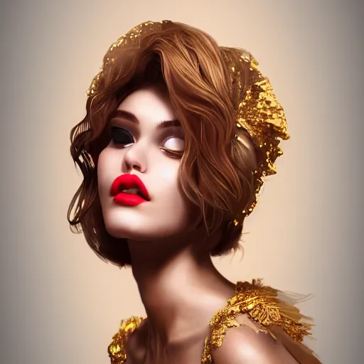 Image similar to woman love woman, sweet hugs, royal dress, gold trim, atmoshperic, elegant, sharp focus, sand sea, red sun, huge lips, close - up, by 3 8 0 light & color female reference pictures, trending on artstation, intricate details