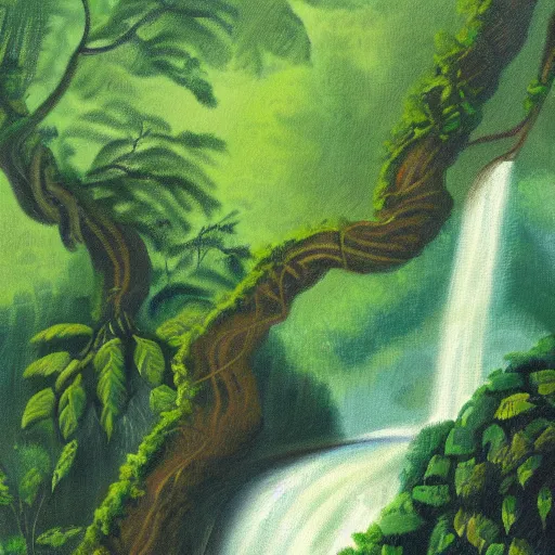 Prompt: a landscape painting of a rainforest with a tall waterfall, vines hanging from trees