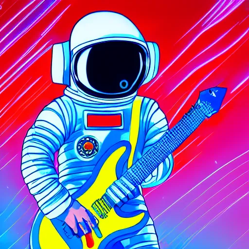 Prompt: wide angle full body of astronaut playing electro guitar, anime, manga, kim jung gi, irakli nadar, bright colors, starts shining, intricate linework, unreal engine 5 highly rendered, global illumination, radiant light, detailed