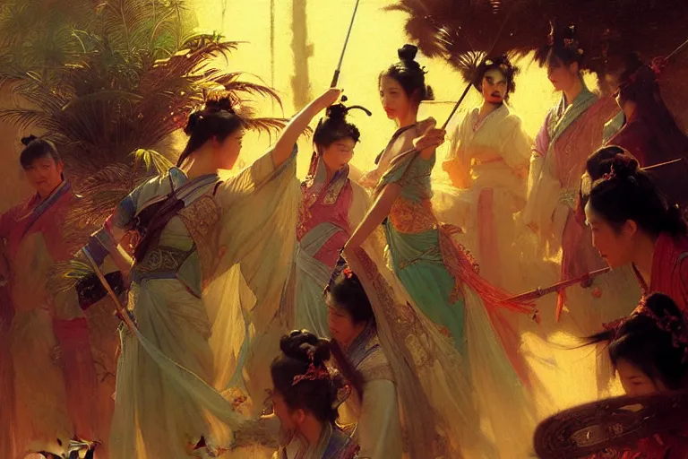 Image similar to wuxia, spring, neon light, painting by gaston bussiere, craig mullins, j. c. leyendecker