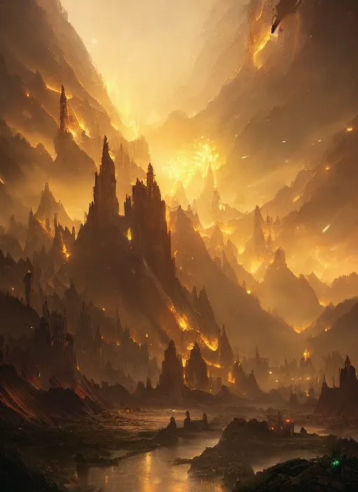 Image similar to a fantasy golden city smoulders, embers fly, epic atmosphere, by greg rutkowski, nature by asher brown durand, composition by yoshitaka amano