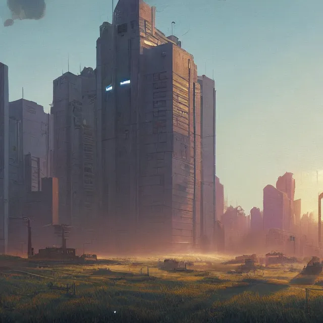 Image similar to An cyberpunk buildings with the sun shining through the clouds in utopia by Simon Stålenhag and Greg Rutkowski,In style of Grant Wood.hyper detailed,8K Resolution,unreal engine 5,Ray Tracing,highly realistic.trending on Artstation.oil on canvas