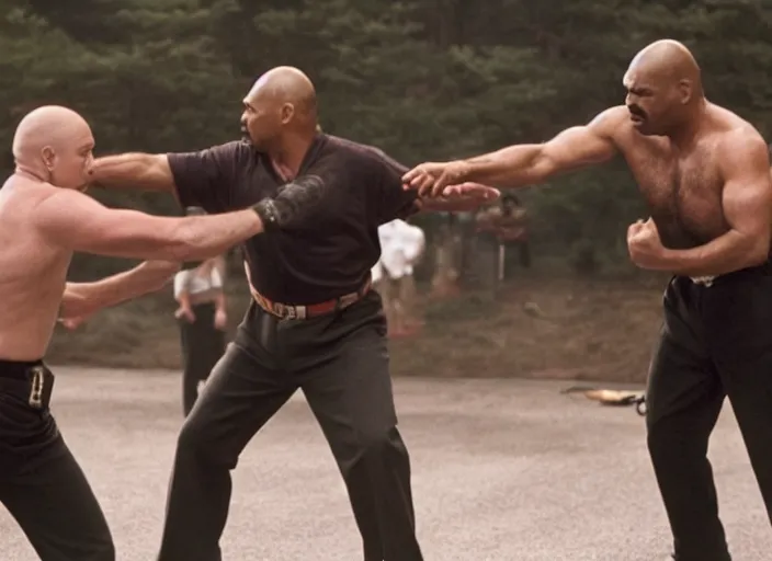Image similar to film still of Tom Selleck and Charles Barkley fighting Ninjas in the new Bloodsport movie, 8k