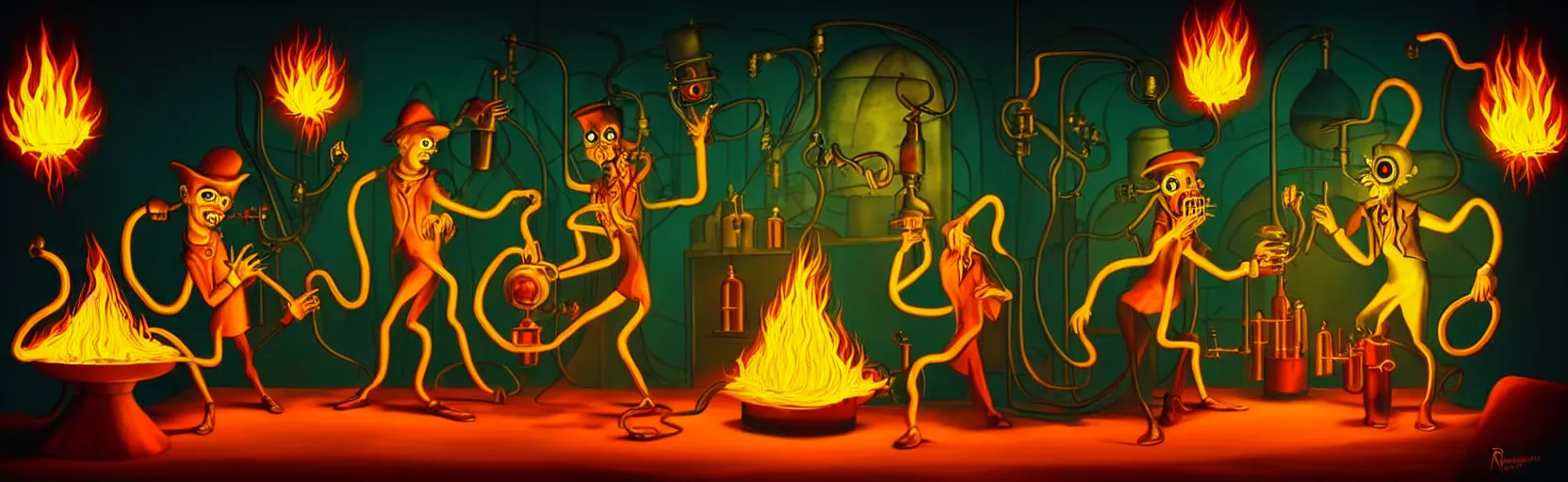 Prompt: uncanny alchemist monsters in a fiery alchemical lab, dramatic lighting, surreal 1 9 3 0 s fleischer cartoon characters, surreal painting by ronny khalil