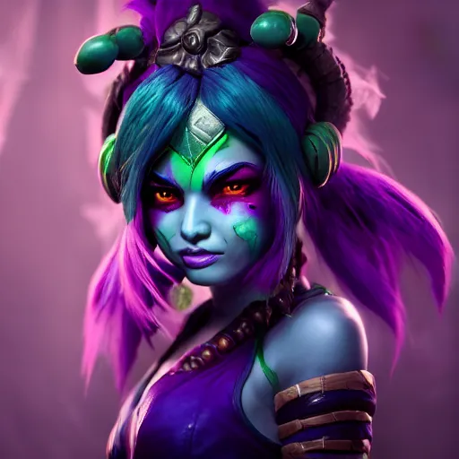 Prompt: Portrait of Neeko from League of Legends as a Character from Mortal Kombat 11, anger, mystery, fear, highly detailed, ominous vibe, smoke, octane render, cgsociety, artstation, trending on ArtStation, by Travis Sergio Diaz