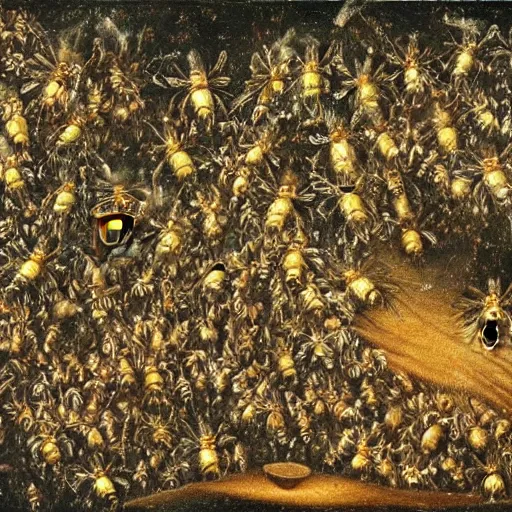 Image similar to a swarm of bumblebees attacking sleeping people in hell, art by bosch, highly detailed, masterpiece