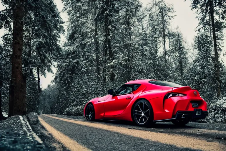 Image similar to A Toyota supra parked in a road with trees, Winter season, Epic photography, taken with a Canon DSLR camera, 50 mm, depth of field