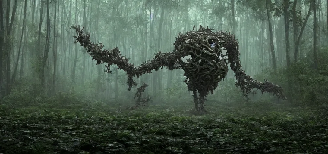 Image similar to a complex organic fractal 3 d metallic symbiotic ceramic humanoid megastructure creature in a swampy lush forest, foggy, cinematic shot, photo still from movie by denis villeneuve, wayne barlowe