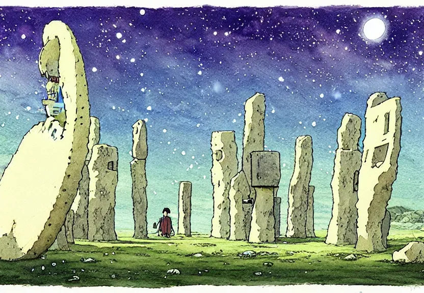 Image similar to a simple watercolor studio ghibli movie still fantasy concept art of stonehenge underwater. a giant squid from princess mononoke ( 1 9 9 7 ) is holding large stones. it is a misty starry night. by rebecca guay, michael kaluta, charles vess