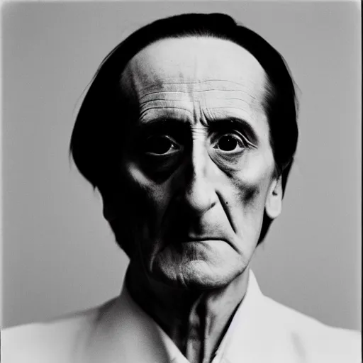 Image similar to close-up portrait of Marcel Duchamp in a empty white void, tri-x, Trent Parke, Richard Avedon, archival pigment print, occult dream, contemporary art