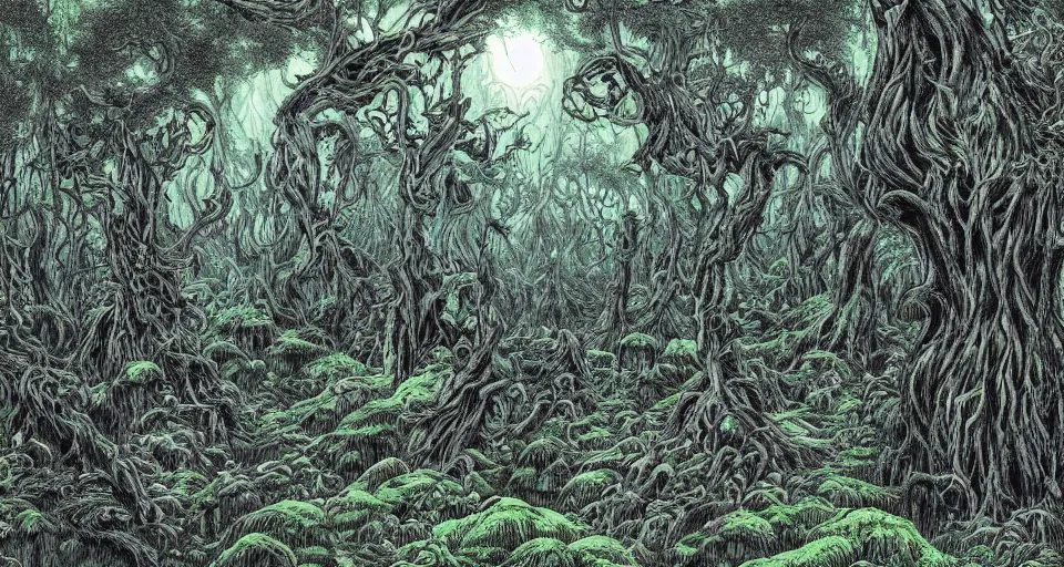 Image similar to A dense and dark enchanted forest with a swamp, by Akira Toriyama