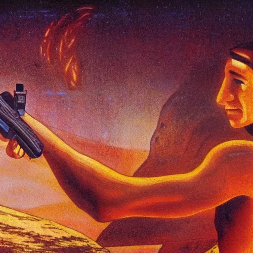 Image similar to photograph of a neolithic person holding a plasma rifle