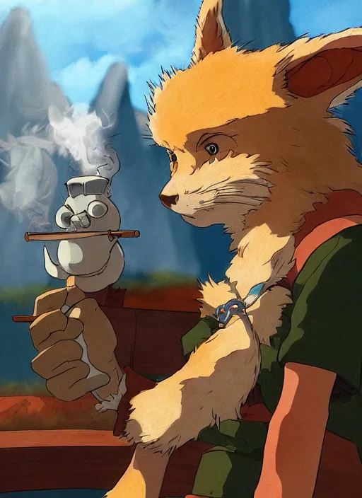 Prompt: studio ghibli pathfinder 2 e illustration of furry goblin smoking a cigar, character portrait, unreal engine, hyper realism, realistic shading, cinematic composition, realistic render, octane render, detailed textures, photorealistic, wide shot