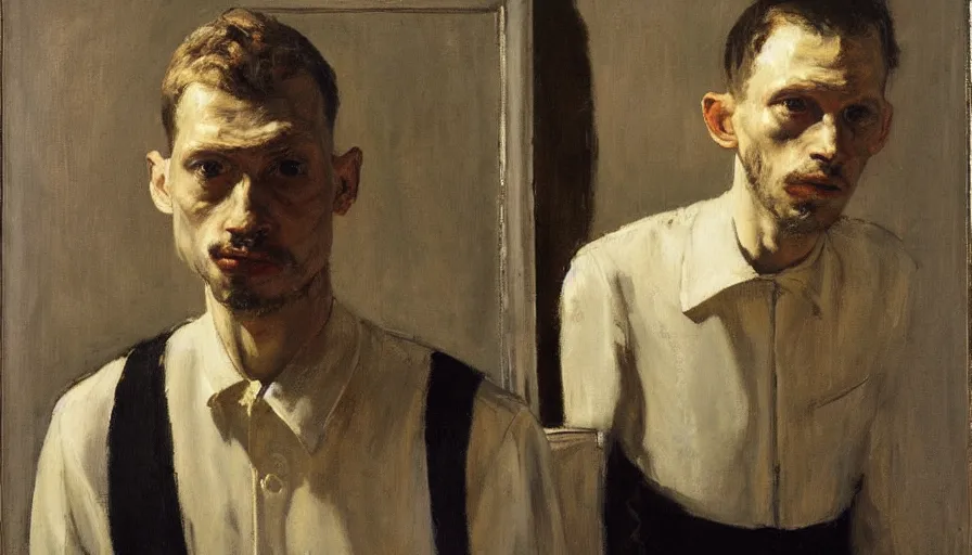 Image similar to painting by borremans, man in front of the mirror, detailed, stunning, dynamic lighting