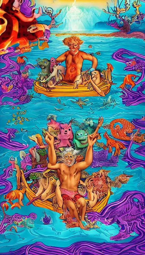 Image similar to man on boat crossing a body of water in hell with creatures in the water, sea of souls, by lisa frank,