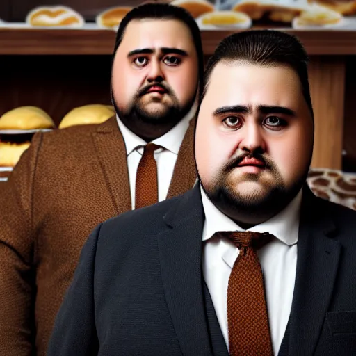 Image similar to Close up portrait of a chubby man wearing a brown suit and necktie with a bakery the background. Photorealistic. Award winning. Dramatic lighting. Intricate details. UHD 8K. He looks guilty.