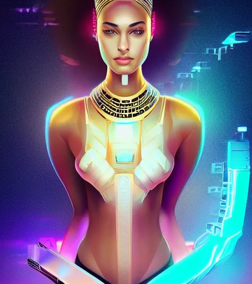 Image similar to symmetry!! egyptian princess of technology, solid cube of light, hard edges, product render retro - futuristic poster scifi, lasers and neon circuits, beautiful brown skin woman egyptian princess, intricate, elegant, highly detailed, digital painting, artstation, concept art, smooth, sharp focus, illustration, dreamlike, art by artgerm