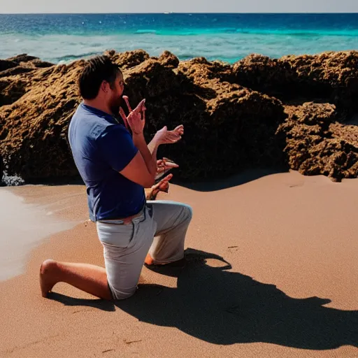 Prompt: hamster proposing to his girlfriend on the beach, wedding proposal, emotional