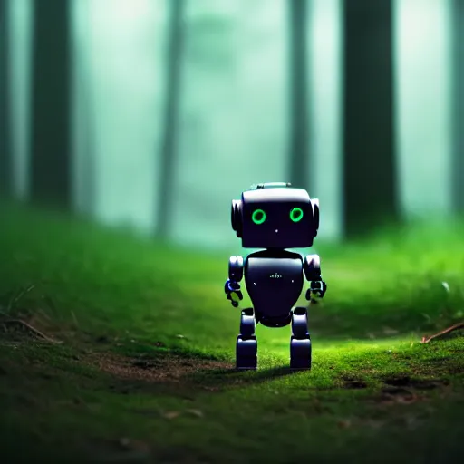 Prompt: a cute little robot in a wood. super realistic 8 k render of a dark hooded powerful elegant, cinematic composition