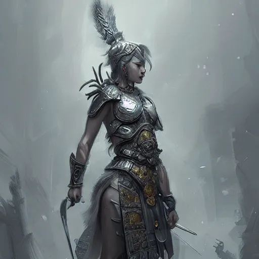 Image similar to beautiful extremely detailed intricate concept art depicting a warrior by wlop. shining jewelry. grey atmosphere. particles in the background. bcy. net