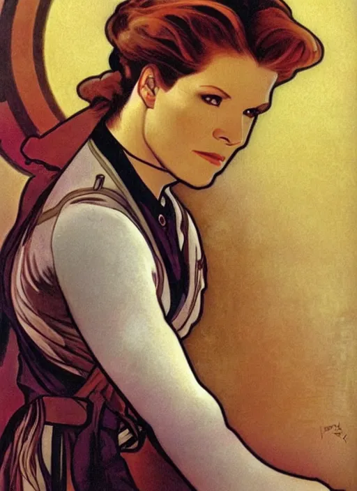 Prompt: captain janeway from star trek voyager, a still from star trek voyager painted by alphonse mucha. clear highly detailed face, beautiful sci fi art