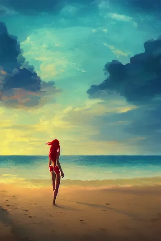 Image similar to red haired girl, green bikini, beach surreal photography, sunrise, dramatic light, impressionist painting, colorful clouds, digital painting, artstation, simon stalenhag