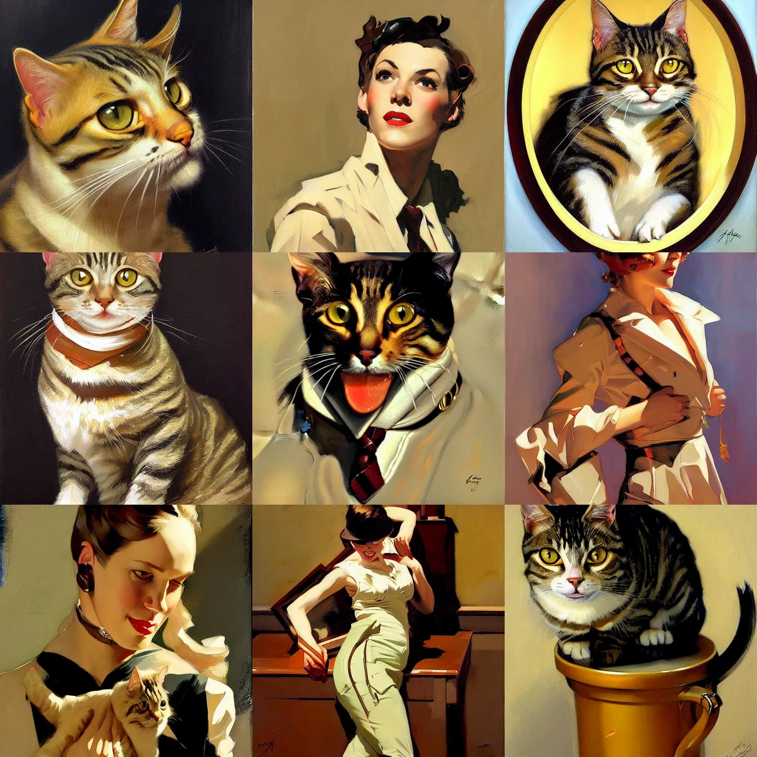 Prompt: happy tabby cat, painting by jc leyendecker!! phil hale!, angular, brush strokes, painterly, vintage, crisp