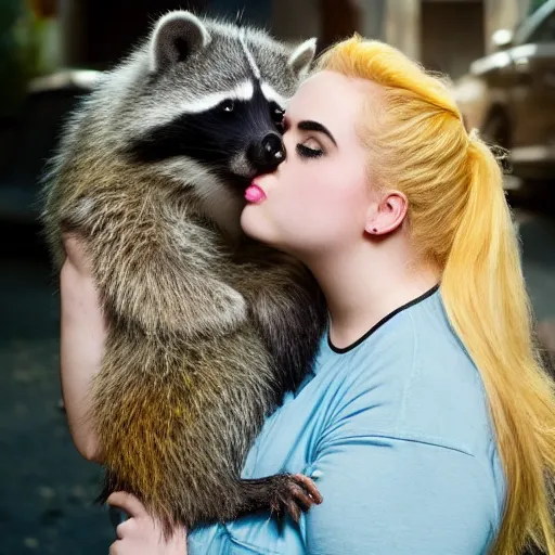 Image similar to obese ava max with dirty clothes kissing a racoon