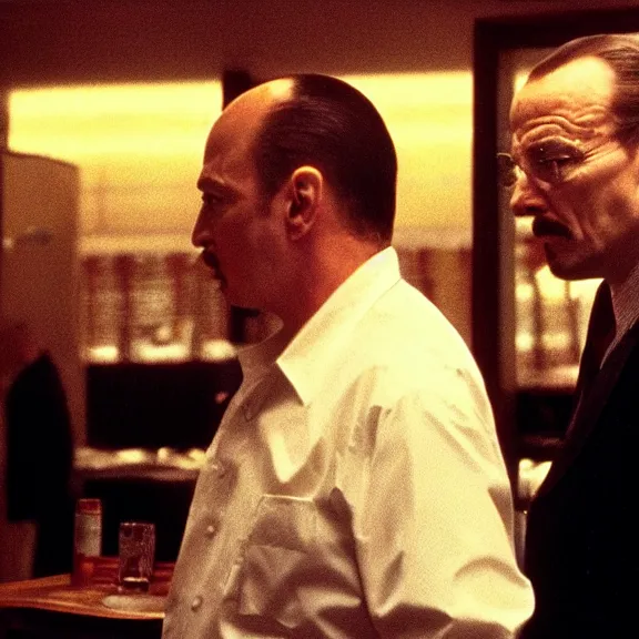 Image similar to Still of Walter White in The Sopranos at the Bada Bing talking with Tony Soprano, dark lighting