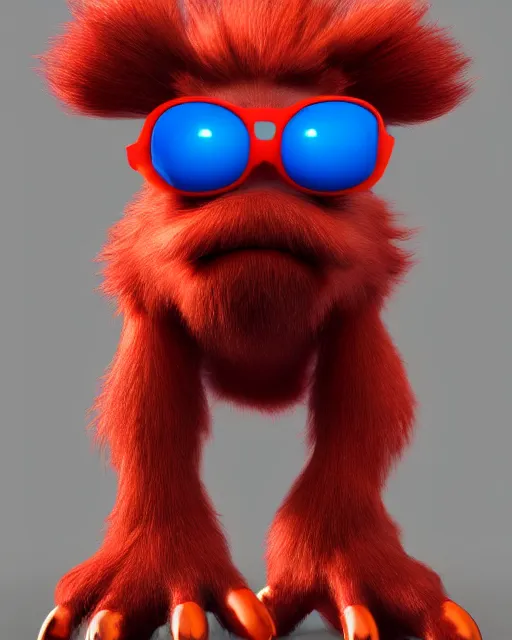 Image similar to 3 d render of completely red hairy friendly antropomorphic cartoony creature wearing chrome shades, without nose, full body, simple, cute, white background, unreal engine 5, octane render, highly detailed hdr