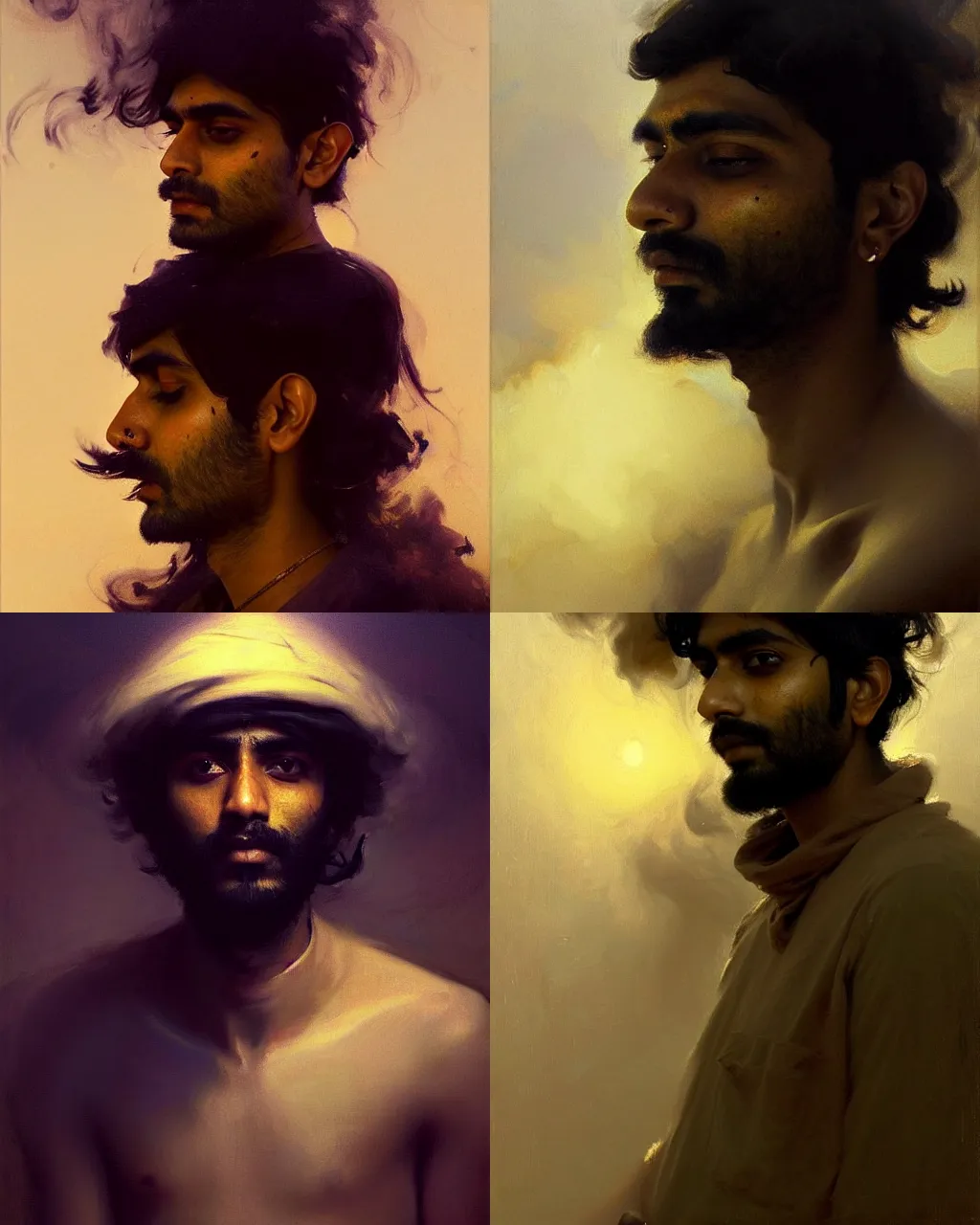 Prompt: a beautiful portrait of a 2 5 years old spaced out tripping indian stoner boy surrounded in a lot of dense smoke, head and upper body only, by john singer sargent, by greg rutkowski, oil on canvas, trending on artstation, masterpiece, brilliant cold lighting, detailed, 8 k