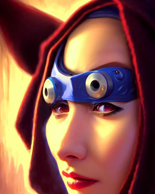 Prompt: ana from overwatch, blue hooded cloak, eye patch, blavk eye patch over one eye, older woman, character portrait, portrait, close up, highly detailed, intricate detail, amazing detail, sharp focus, vintage fantasy art, vintage sci - fi art, radiant light, caustics, by boris vallejo