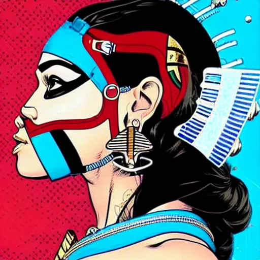 Image similar to a profile photo of a egyptian woman with a diving oxygen mask with side profile blood in ocean intricate details by MARVEL comics and Sandra Chevrier-C