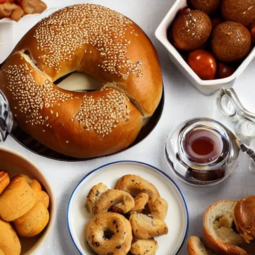 Prompt: a family of bagels is about to eat thanksgiving dinner.