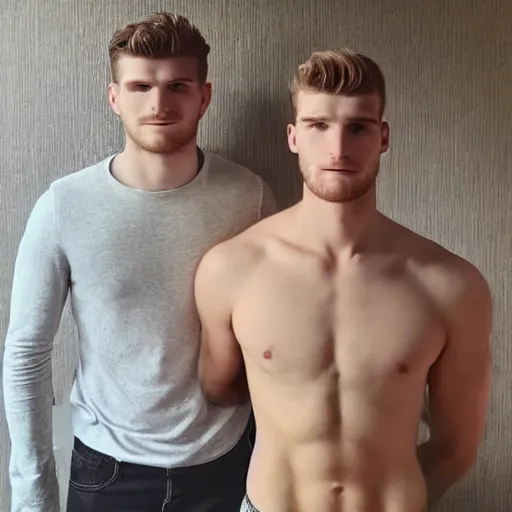 Image similar to a realistic detailed photo of a guy who is an attractive humanoid who is half robot and half humanoid, who is a male android, soccer player timo werner, shiny skin, posing like a statue, blank stare, in a living room, on display, showing off his muscles, with a twin