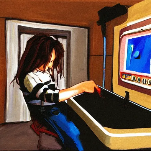 Image similar to teenager in the 9 0 s playing nintendo in a basement, painting