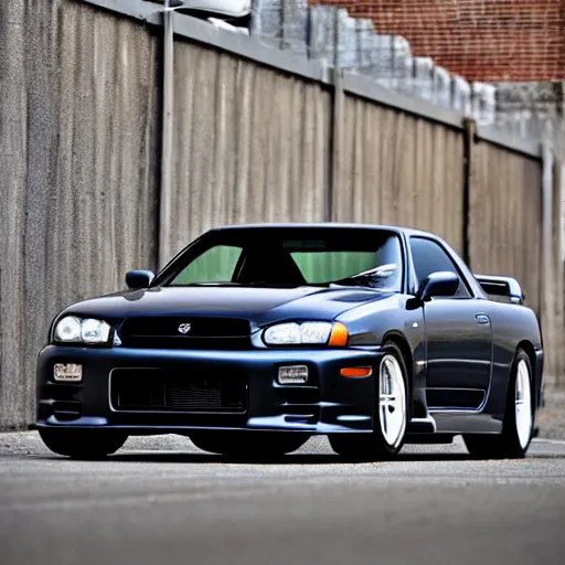 Image similar to Nissan GTR R34 Parked in alley cannon photo 1mp