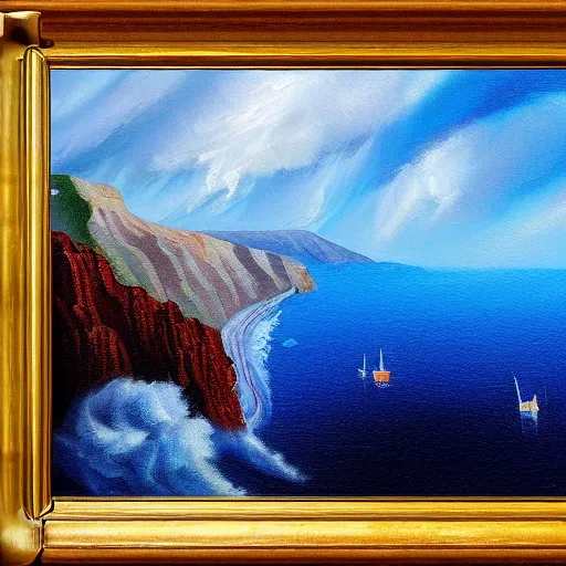 Image similar to professional painting of Santorini in the style of Gabriel Dawe, smooth, sharp focus, illustration, intricate, stormy weather, extremely detailed masterpiece,