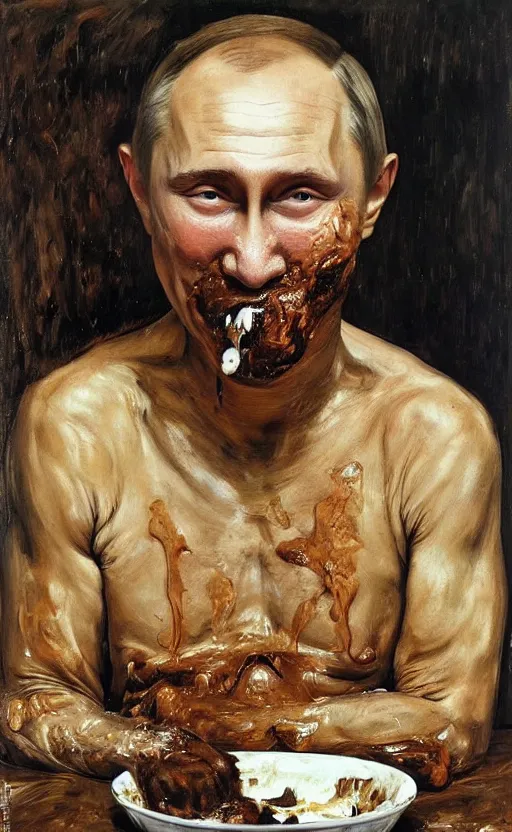 Prompt: Putin eating used diapers covered in brown substance at a dinner table, Putin portrait, brown liquid dripping down mouth, face of fear, ugly body painted by Lucian Freud, Jenny Saville, Ilya Repin