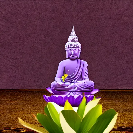 Image similar to The Buddha sitting on a purple Lotus Flower, Buddhist Art, Depth of Field, 4k resolution