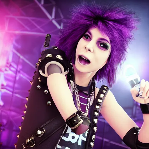 Prompt: high detail unreal engine render of a punk woman in a cropped t - shirt and studded arm bands and a studded belt and ripped black jeans with purple emo hair screaming into a microphone in pixar style 4 k