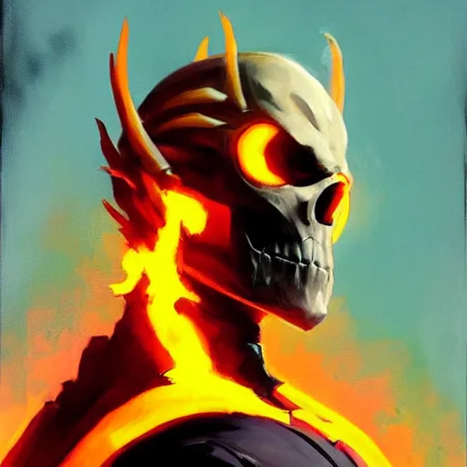 Image similar to greg manchess portrait painting of ghost rider as overwatch character, medium shot, asymmetrical, profile picture, organic painting, sunny day, matte painting, bold shapes, hard edges, street art, trending on artstation, by huang guangjian and gil elvgren and sachin teng