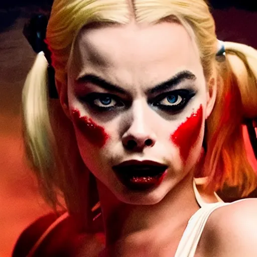 Prompt: Margot Robbie as real-life Harley Quinn, cinematic, Wide-shot, atmospheric lighting, directed by Quentin Tarantino, extreme detail, 8K, movie still