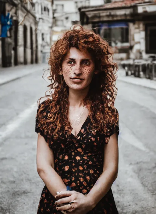 Prompt: Mid-shot portrait of a beautiful 30-year-old woman from Moldova, with freckles and wavy hair, candid street portrait in the style of Mario Testino award winning, Sony a7R