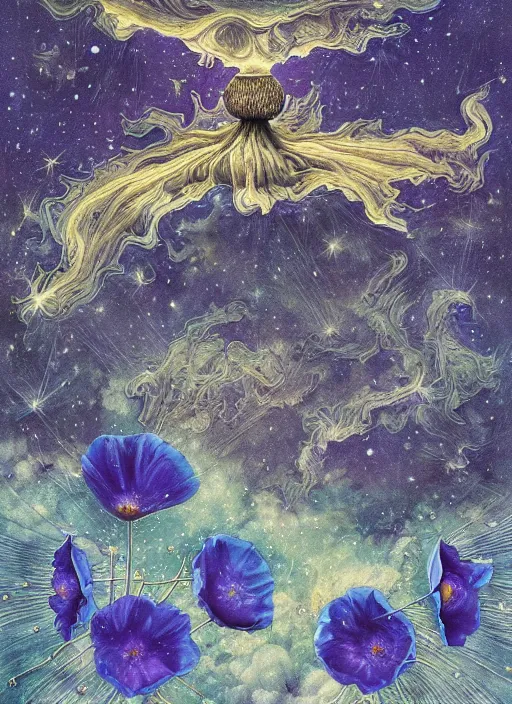 Image similar to detailed, intricate blue black and purple papaverum flower on the field, nebula, galaxy in the sky, winning award masterpiece, fantastically beautiful, illustration, aestheticly inspired, jacek yerka, upscale with anguissola sofonisba work, artstation, 8 k