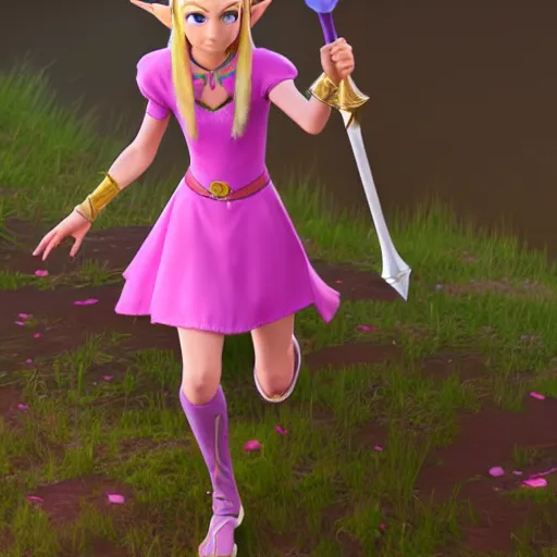 Image similar to Zelda from The Legend of Zelda in a pink dress, fully detailed, high quality , 4k , octane render , soft lightening , masterpiece